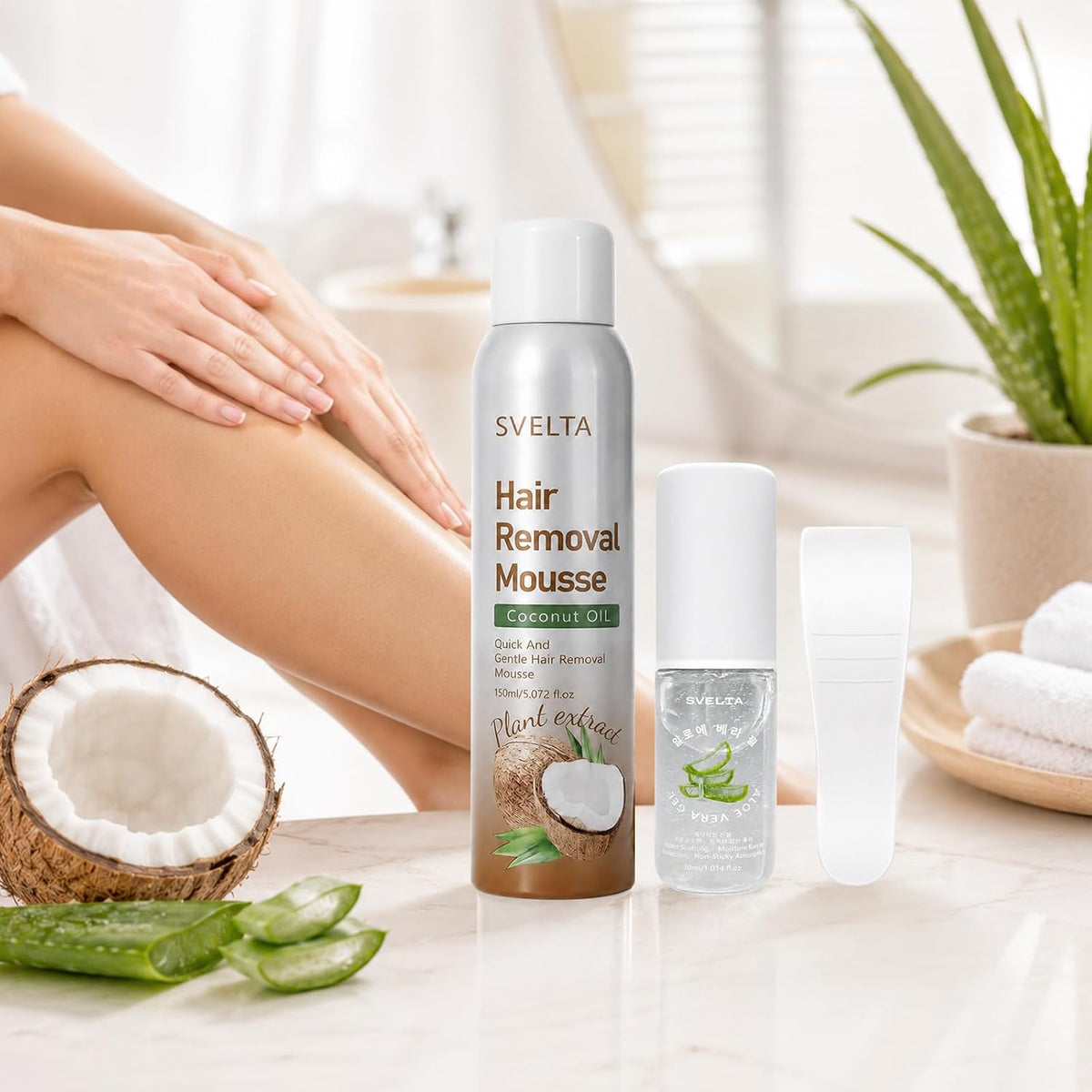 Coconut Hair Removal Mousse for Women with Aloe Vera Soothing Gel & Scraper