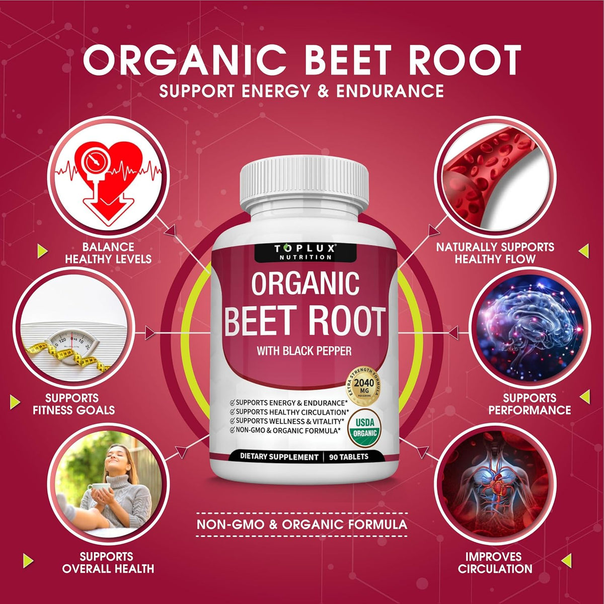 Toplux Organic Beet Root Powder Tablets - 2040mg Natural Nitric Oxide Beets to Support-Shop