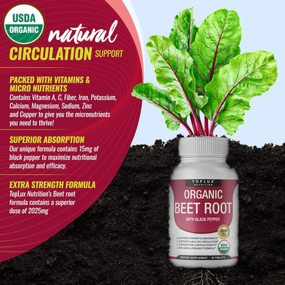 Toplux Organic Beet Root Powder Tablets - 2040mg Natural Nitric Oxide Beets to Support-Shop